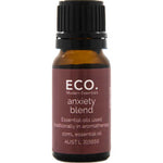 The ECO. Modern Essentials Anxiety Essential Oil Blend 10ml comes in a small brown bottle with a black cap and white text, designed for aromatherapy to help promote relaxation.