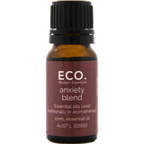 The ECO. Modern Essentials Anxiety Essential Oil Blend 10ml comes in a small brown bottle with a black cap and white text, designed for aromatherapy to help promote relaxation.