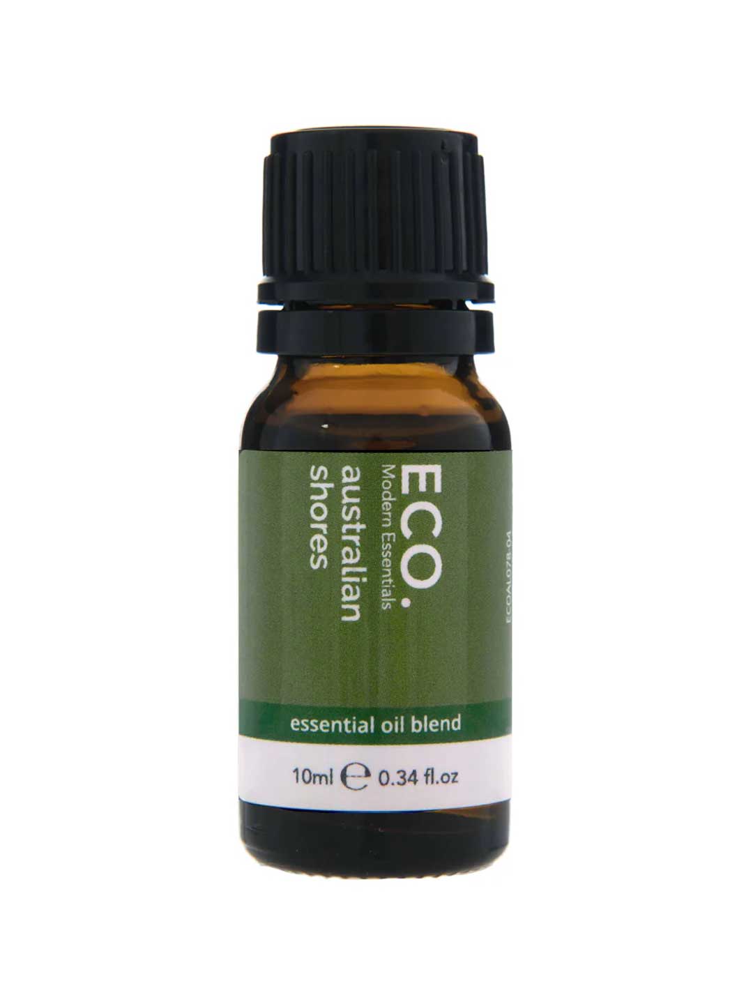 A 10ml amber glass bottle of ECO. Modern Essentials Australian Shores Essential Oil Blend, highlighted by Australian botanicals like tea tree oil, features a black cap and green label.