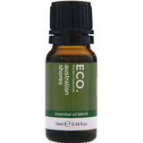A 10ml amber glass bottle of ECO. Modern Essentials Australian Shores Essential Oil Blend, highlighted by Australian botanicals like tea tree oil, features a black cap and green label.