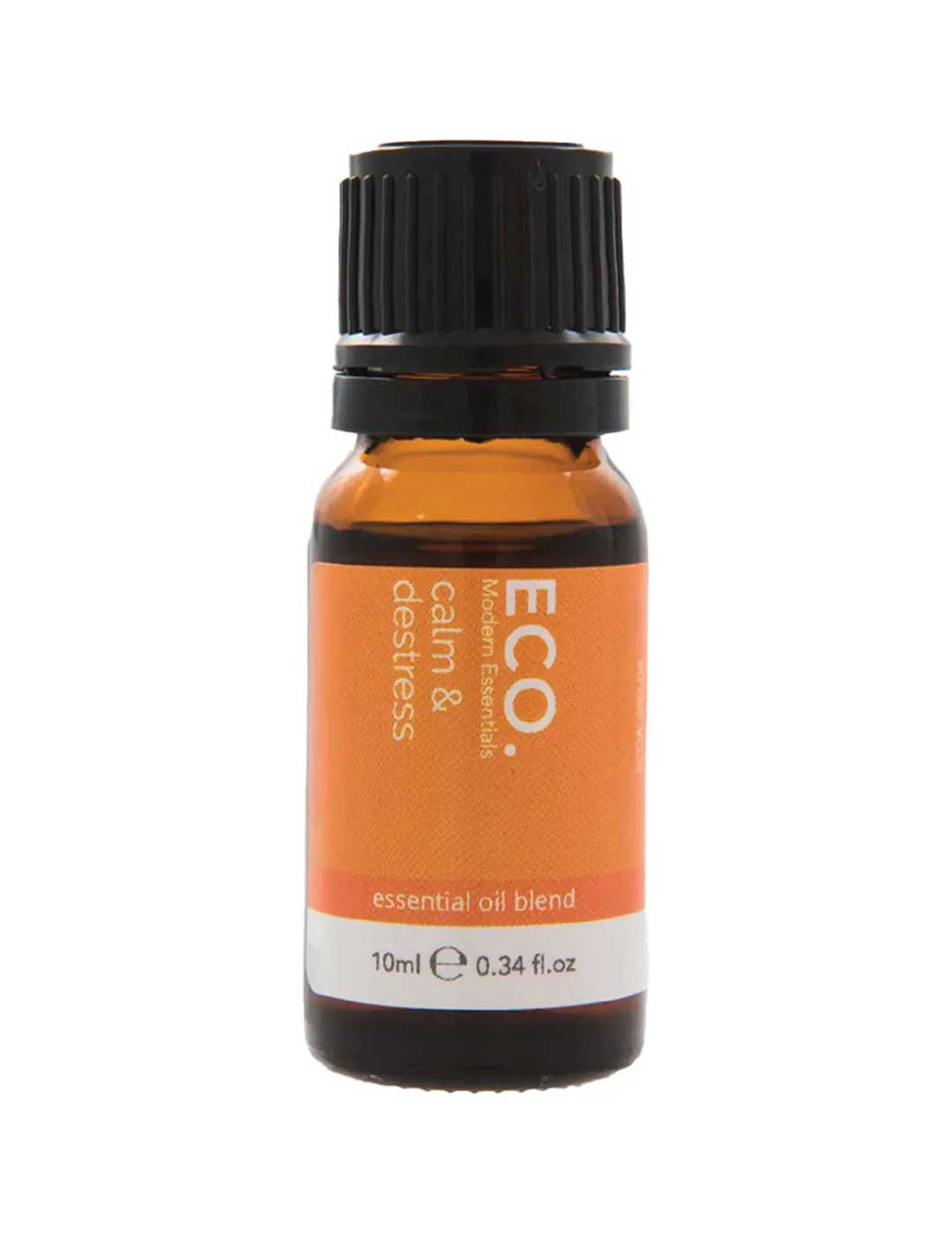 The ECO. Modern Essentials Calm & Destress Essential Oil Blend 10ml comes in a small amber bottle with an orange label and black screw cap, containing grounding oils like Sandalwood.