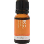 The ECO. Modern Essentials Calm & Destress Essential Oil Blend 10ml comes in a small amber bottle with an orange label and black screw cap, containing grounding oils like Sandalwood.