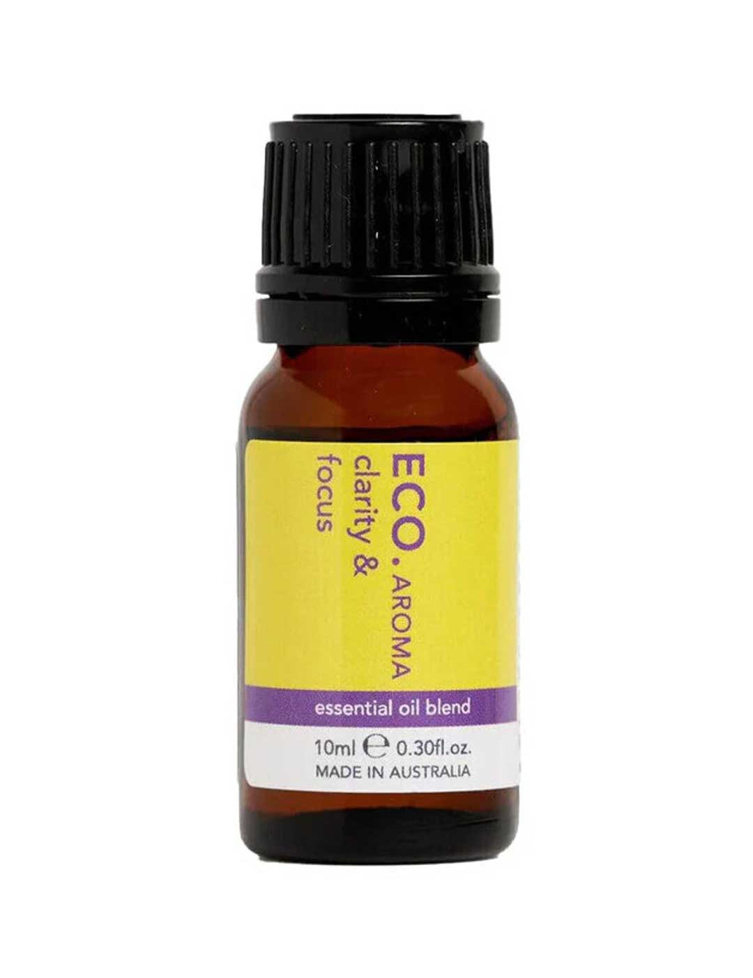 The ECO. Modern Essentials Clarity & Focus Essential Oil Blend 10ml is an Australian-made pure essential oil in a small amber bottle with a yellow and purple label and black cap, designed to support focus and concentration.