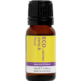The ECO. Modern Essentials Clarity & Focus Essential Oil Blend 10ml is an Australian-made pure essential oil in a small amber bottle with a yellow and purple label and black cap, designed to support focus and concentration.