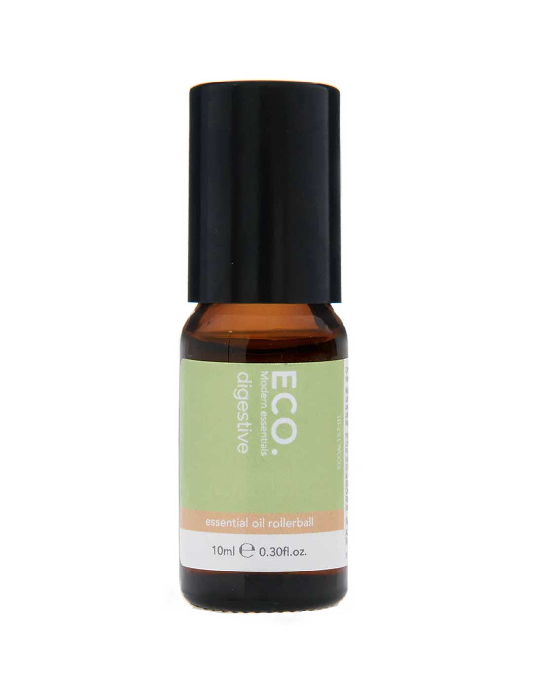 The ECO. Modern Essentials Digestive Essential Oil Rollerball 10ml is a small amber bottle with a black cap and light green label, designed to support healthy digestion on the go.