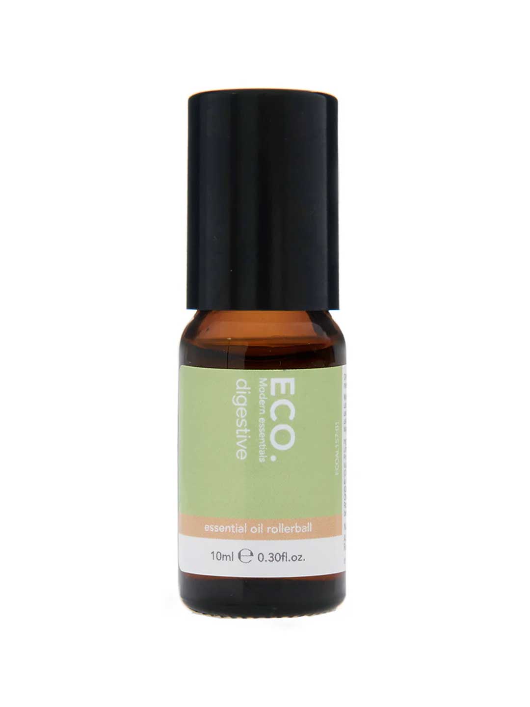 The ECO. Modern Essentials Digestive Essential Oil Rollerball 10ml is a small amber bottle with a black cap and light green label, designed to support healthy digestion on the go.
