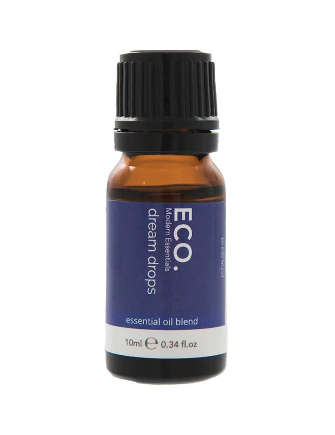The ECO. Modern Essentials Dream Drops Essential Oil Blend 10ml comes in a small amber glass bottle with a black cap and blue label, perfect for bedtime relaxation and enriched with lavender essential oil.