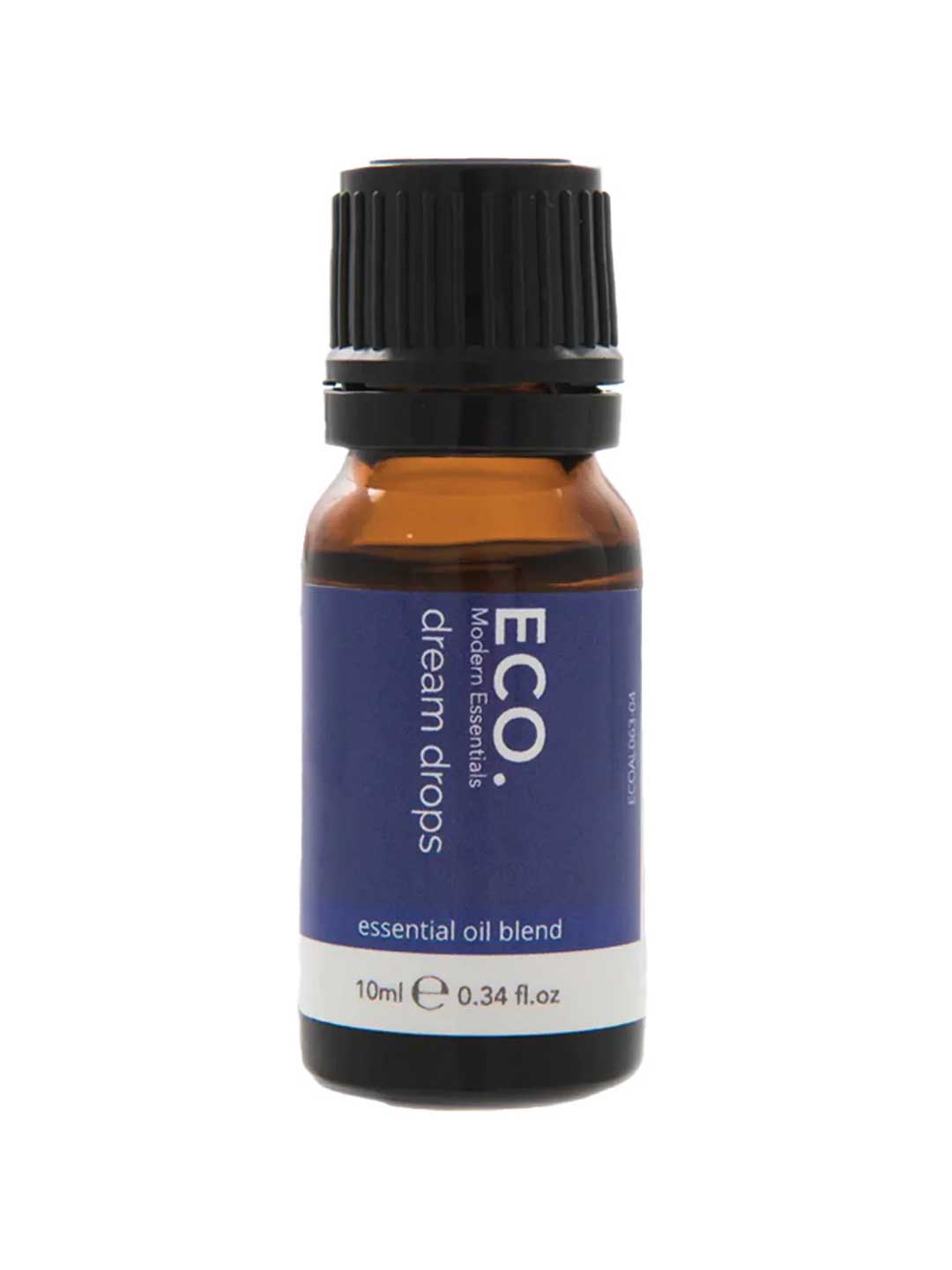 The ECO. Modern Essentials Dream Drops Essential Oil Blend 10ml comes in a small amber glass bottle with a black cap and blue label, perfect for bedtime relaxation and enriched with lavender essential oil.