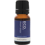 The ECO. Modern Essentials Dream Drops Essential Oil Blend 10ml comes in a small amber glass bottle with a black cap and blue label, perfect for bedtime relaxation and enriched with lavender essential oil.