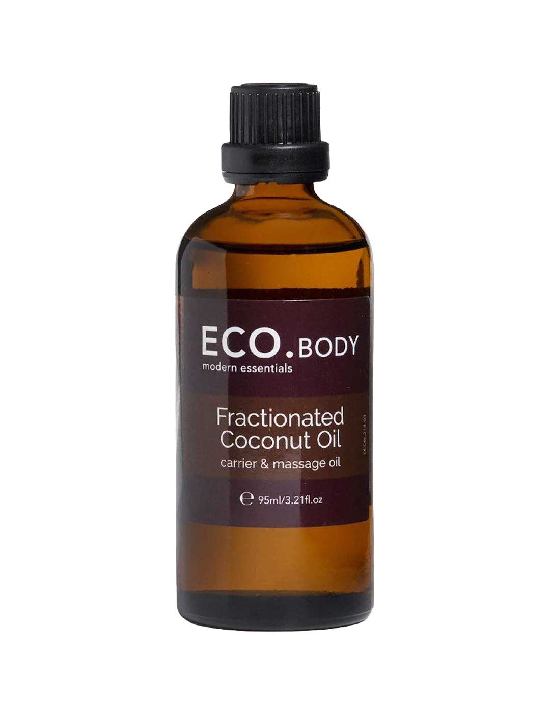 A brown glass bottle with a black cap labeled ECO. Modern Essentials Fractionated Coconut Oil 95ml, a nourishing carrier and massage oil.