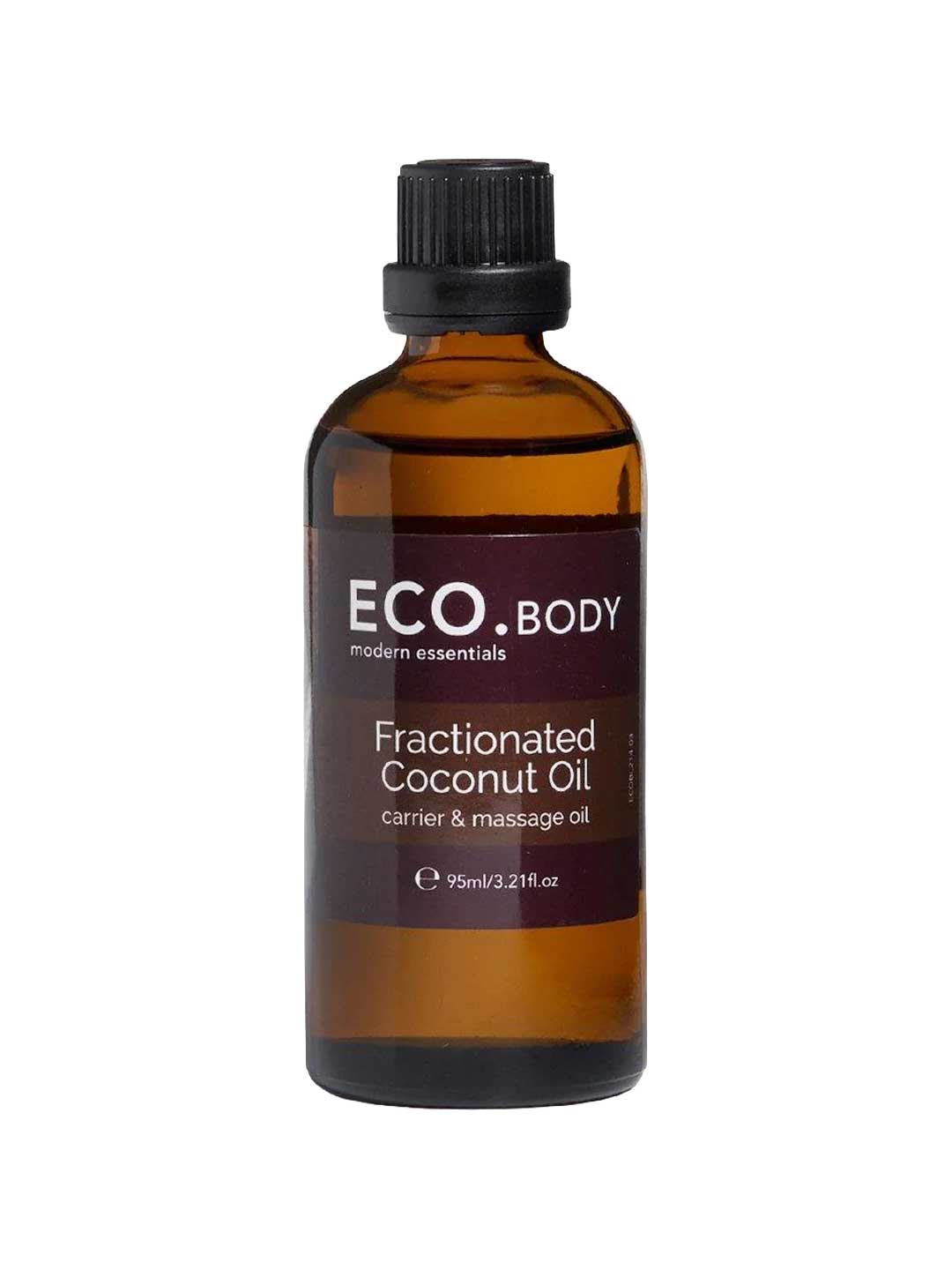 A brown glass bottle with a black cap labeled ECO. Modern Essentials Fractionated Coconut Oil 95ml, a nourishing carrier and massage oil.