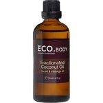 A brown glass bottle with a black cap labeled ECO. Modern Essentials Fractionated Coconut Oil 95ml, a nourishing carrier and massage oil.