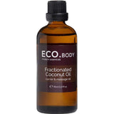 A brown glass bottle with a black cap labeled ECO. Modern Essentials Fractionated Coconut Oil 95ml, a nourishing carrier and massage oil.