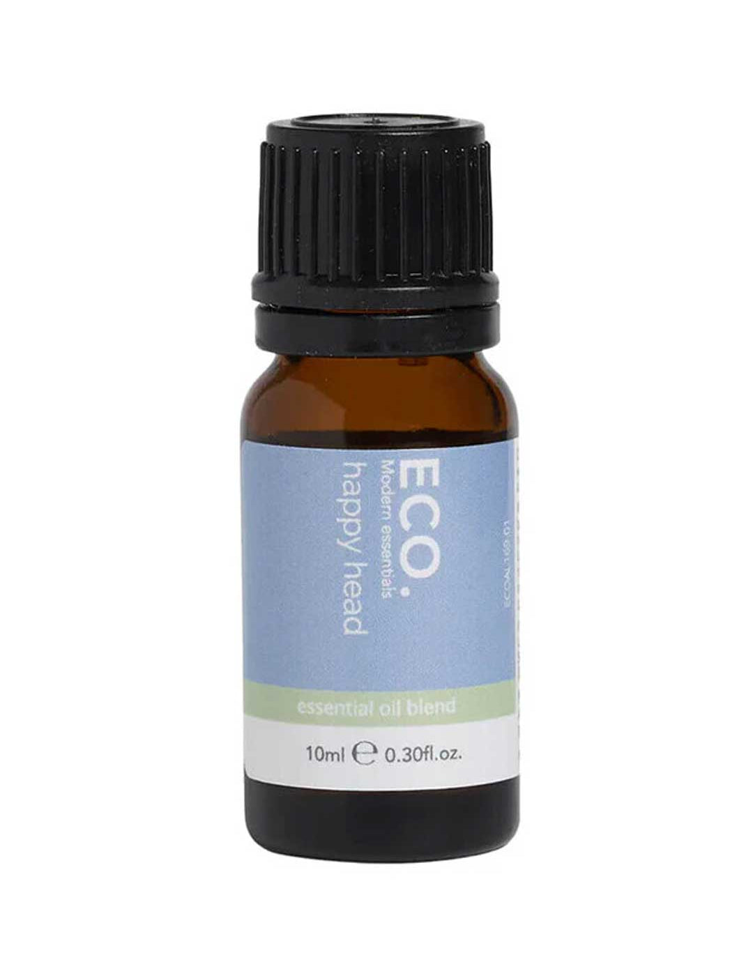 ECO. Modern Essentials Happy Head Essential Oil Blend 10ml comes in a small amber glass bottle with a black cap and blue-green label, featuring uplifting peppermint essential oil for enhanced clarity and focus.