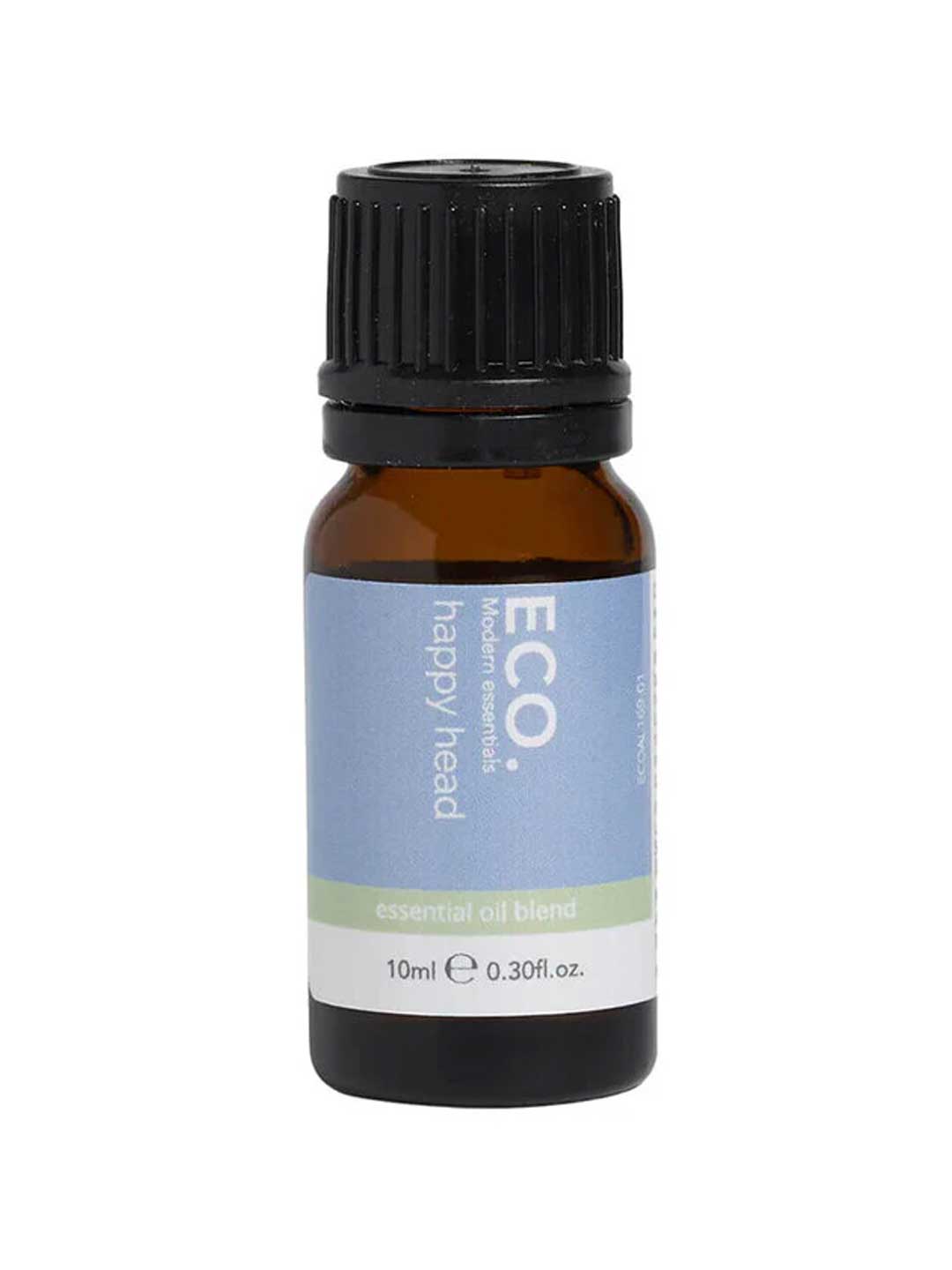 ECO. Modern Essentials Happy Head Essential Oil Blend 10ml comes in a small amber glass bottle with a black cap and blue-green label, featuring uplifting peppermint essential oil for enhanced clarity and focus.