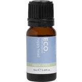 ECO. Modern Essentials Happy Head Essential Oil Blend 10ml comes in a small amber glass bottle with a black cap and blue-green label, featuring uplifting peppermint essential oil for enhanced clarity and focus.