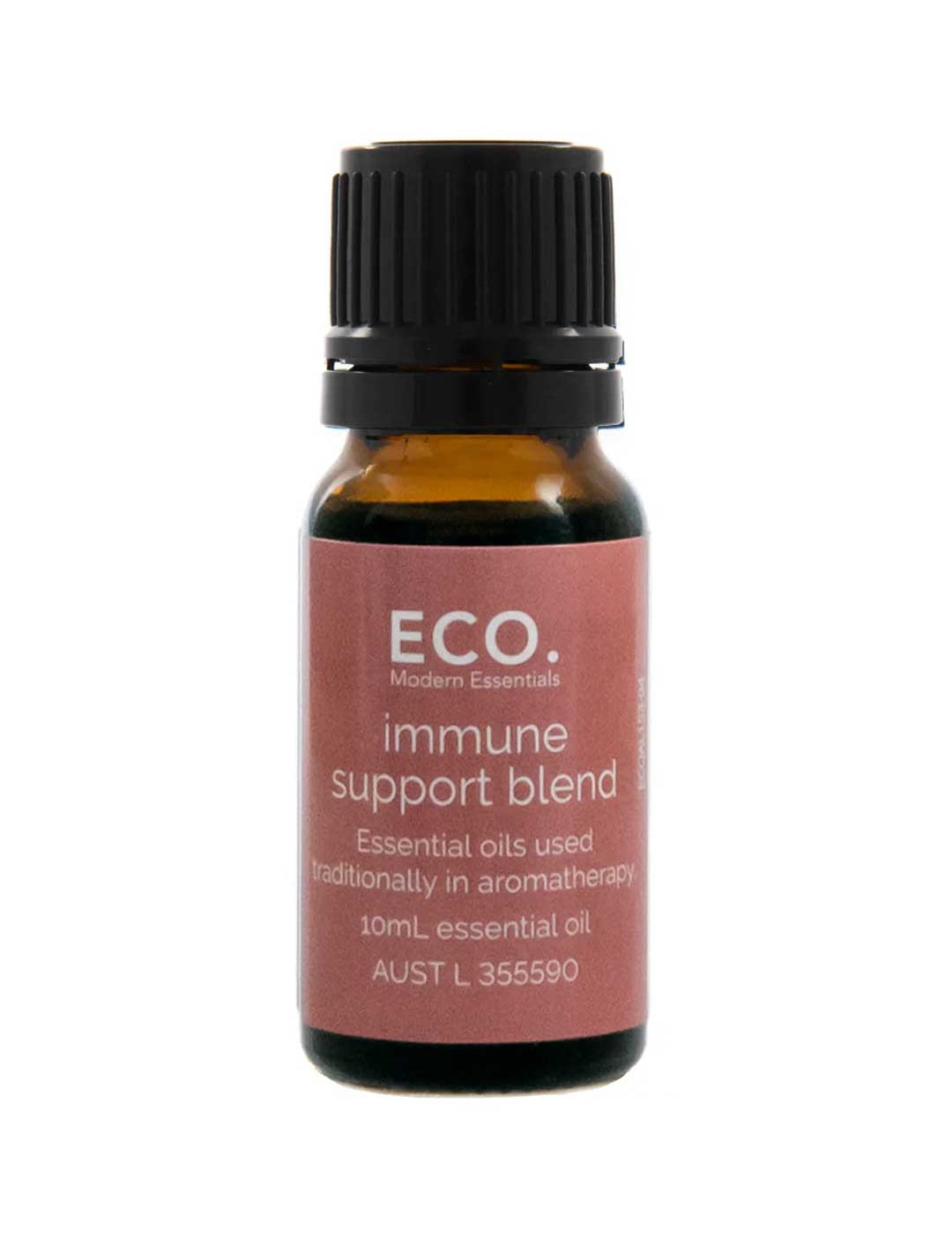 The ECO. Modern Essentials Immune Support Essential Oil Blend comes in a 10ml amber bottle with black cap, ideal for aromatherapy and natural immune system support.