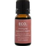 The ECO. Modern Essentials Immune Support Essential Oil Blend comes in a 10ml amber bottle with black cap, ideal for aromatherapy and natural immune system support.