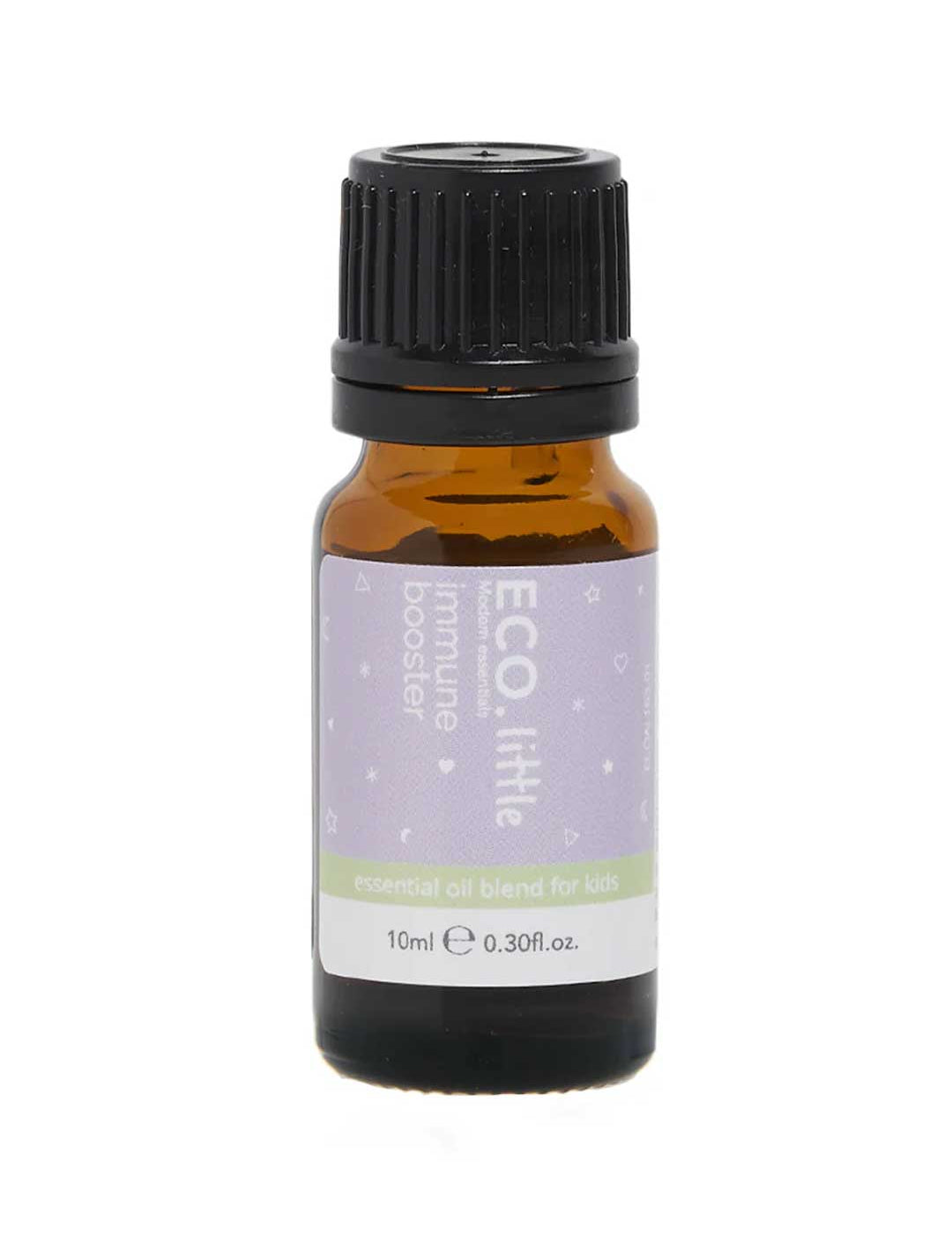 A 10ml amber bottle of ECO. Modern Essentials Little Immune Booster Essential Oil Blend for kids—immune-boosting oils in a natural air purifier, with a black cap and clear product label.