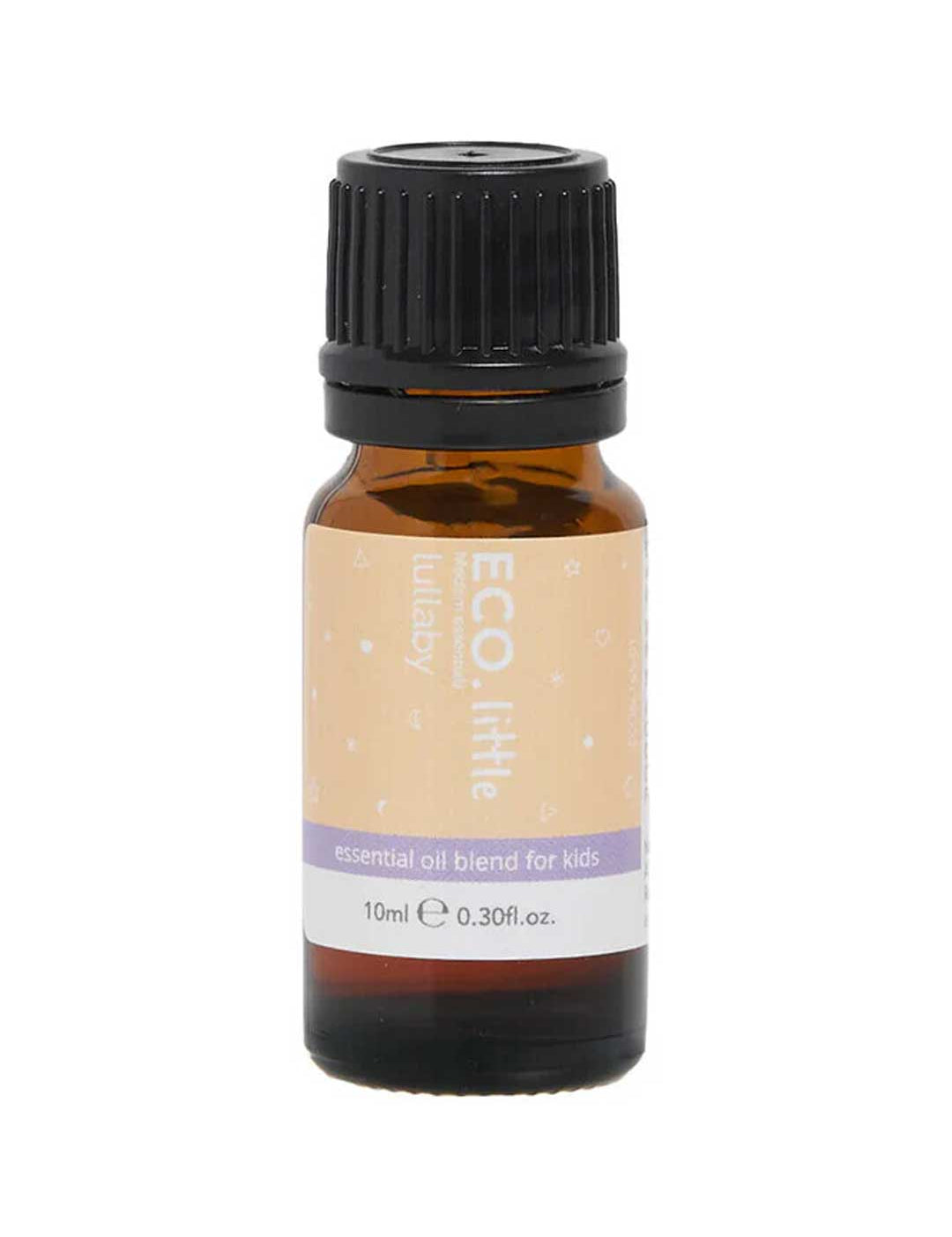 A 10ml amber glass bottle with black cap and pale orange label, reading "ECO. Modern Essentials Little Lullaby Essential Oil Blend," contains pure essential oils to support restful sleep for kids.