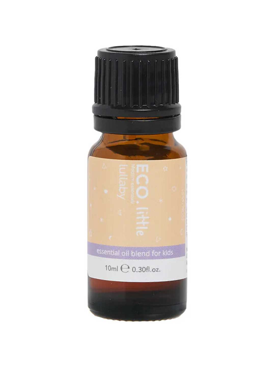 A 10ml amber glass bottle with black cap and pale orange label, reading "ECO. Modern Essentials Little Lullaby Essential Oil Blend," contains pure essential oils to support restful sleep for kids.