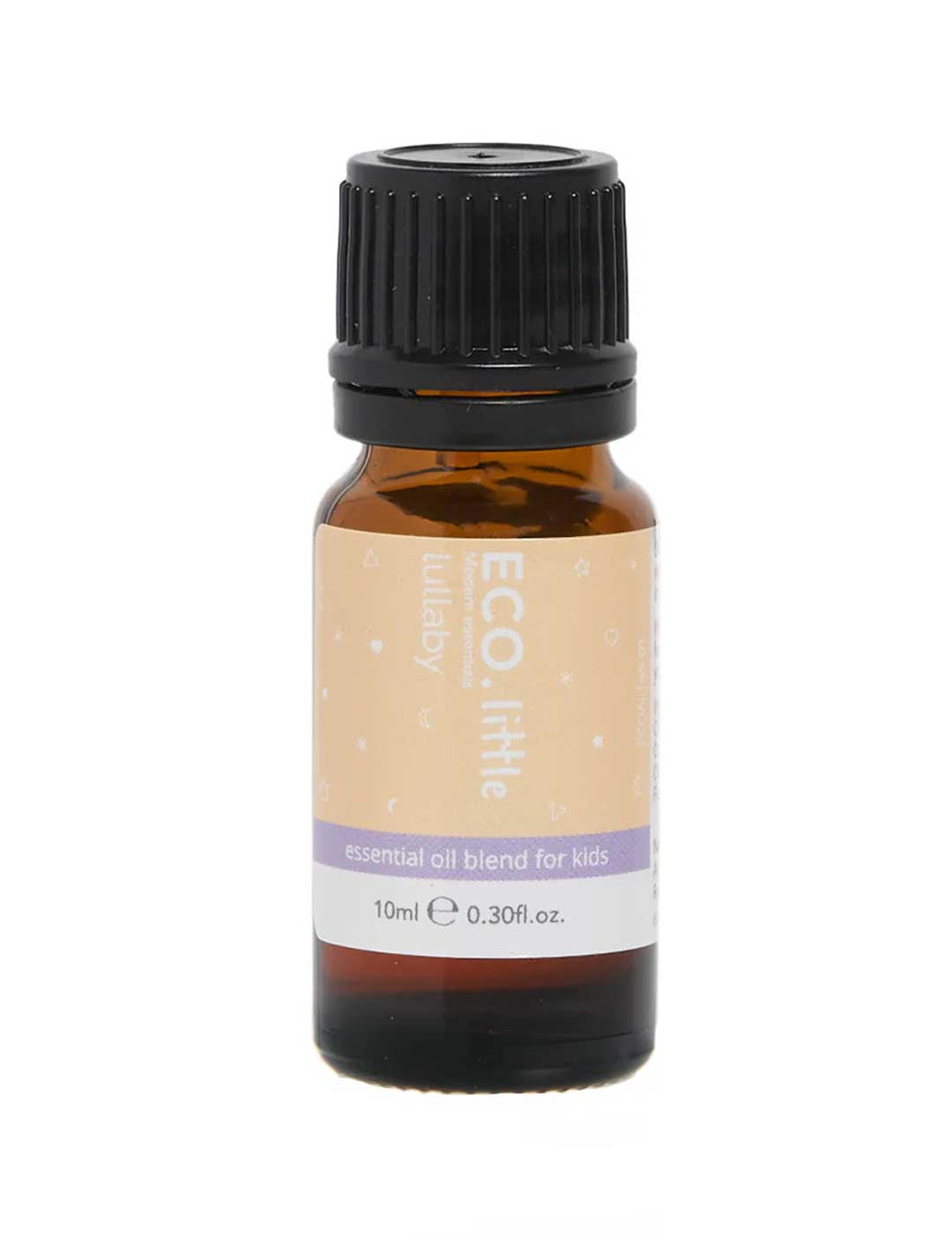 The ECO. Modern Essentials Little Lullaby Essential Oil Rollerball 10ml is a calming sleep aid for kids. The small amber bottle with black cap has a soft peach label featuring white and purple text plus decorative icons.