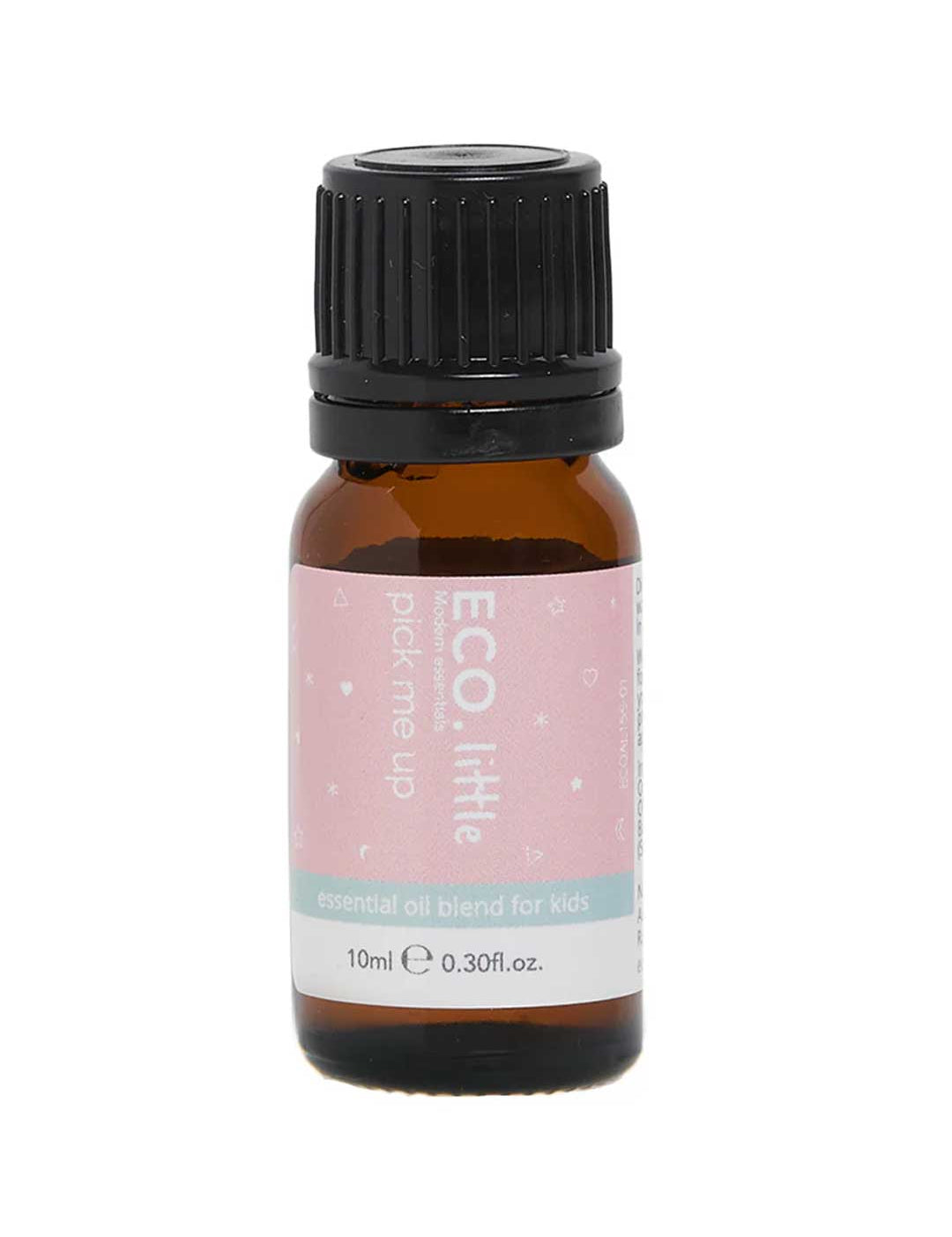 The 10ml ECO. Modern Essentials Little Pick Me Up Essential Oil Blend comes in a small amber glass bottle with a black cap, featuring a pink and blue label—ideal for a natural, uplifting aroma in your family diffuser.