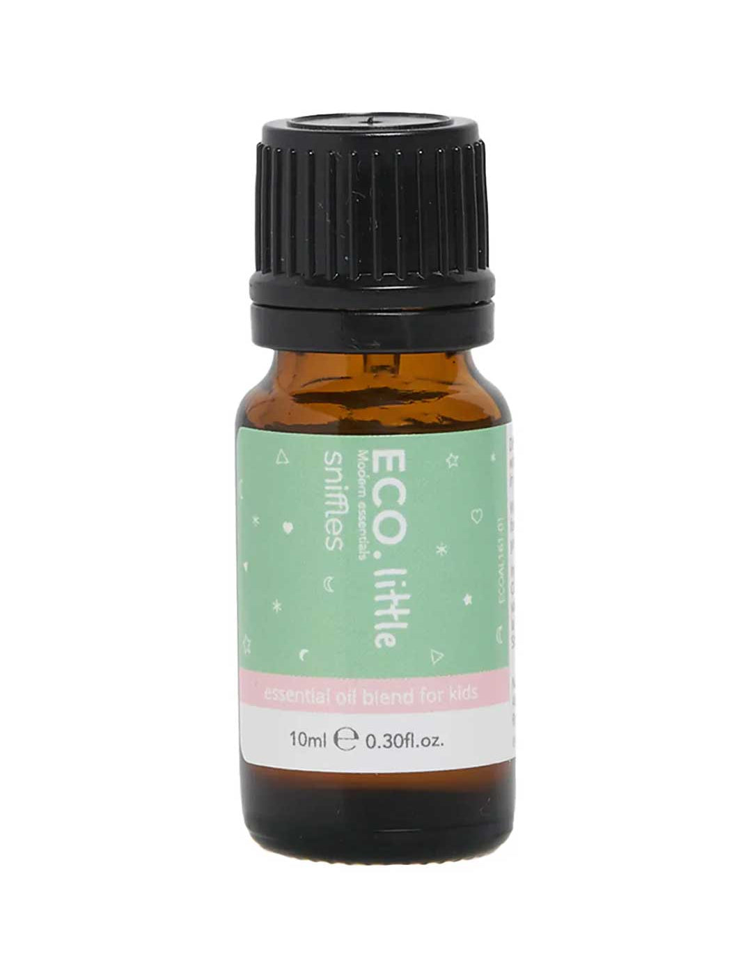 A small amber bottle with a black cap labeled ECO. Modern Essentials Little Sniffles Essential Oil Blend 10ml. The green label has white stars and pink accents. This natural oil blend is perfect for kids’ steam inhalation.