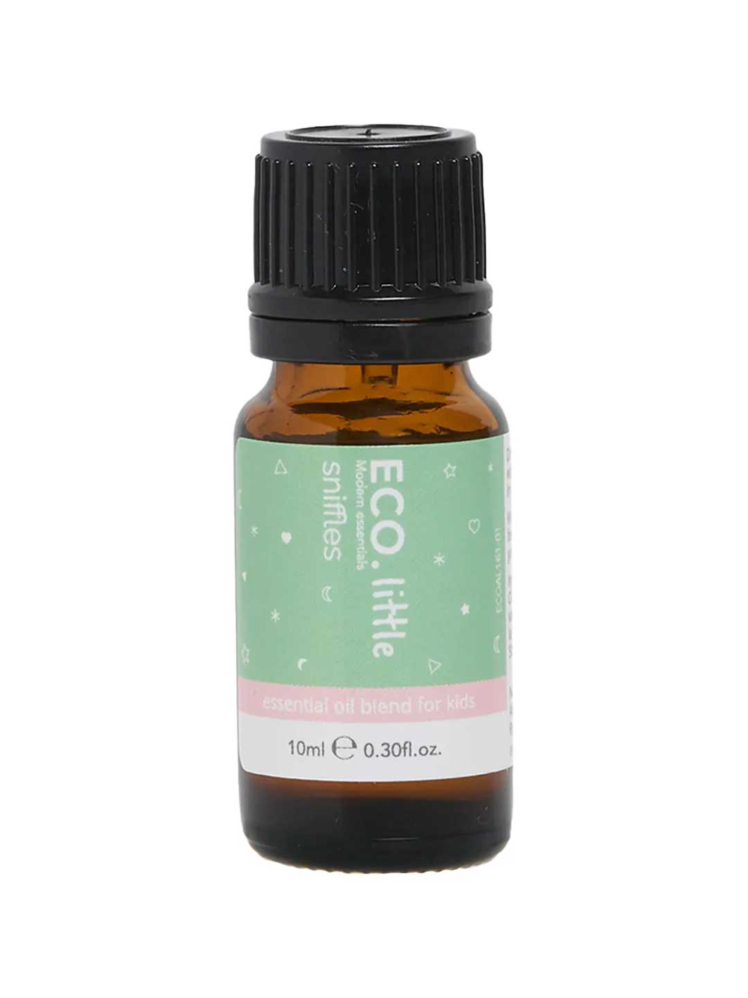 A small amber bottle with a black cap labeled ECO. Modern Essentials Little Sniffles Essential Oil Blend 10ml. The green label has white stars and pink accents. This natural oil blend is perfect for kids’ steam inhalation.