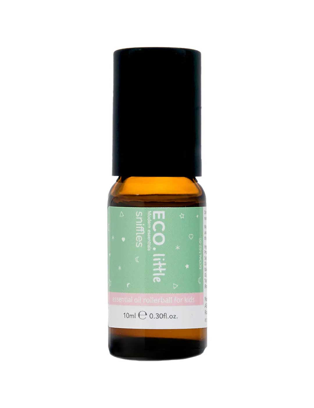 The ECO. Modern Essentials Little Sniffles Essential Oil Rollerball 10ml is a small amber bottle with a black cap and green starry label, perfect for kids, offering natural support in a convenient size.
