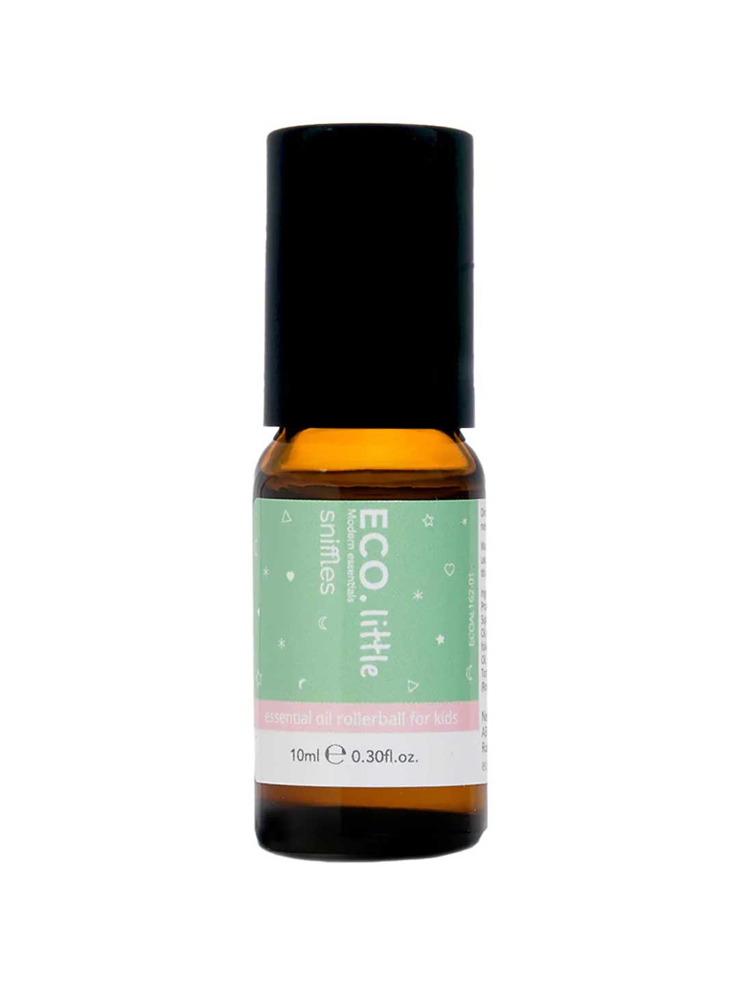 The ECO. Modern Essentials Little Sniffles Essential Oil Rollerball 10ml is a small amber bottle with a black cap and green starry label, perfect for kids, offering natural support in a convenient size.