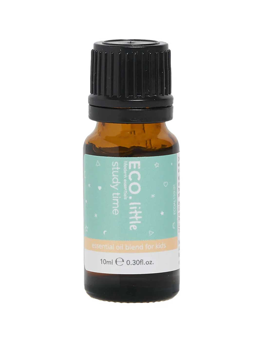 The ECO. Modern Essentials Little Study Time Essential Oil Blend 10ml comes in a small amber glass bottle with a black cap and a light blue and orange label—perfect for supporting kids' concentration during study time.
