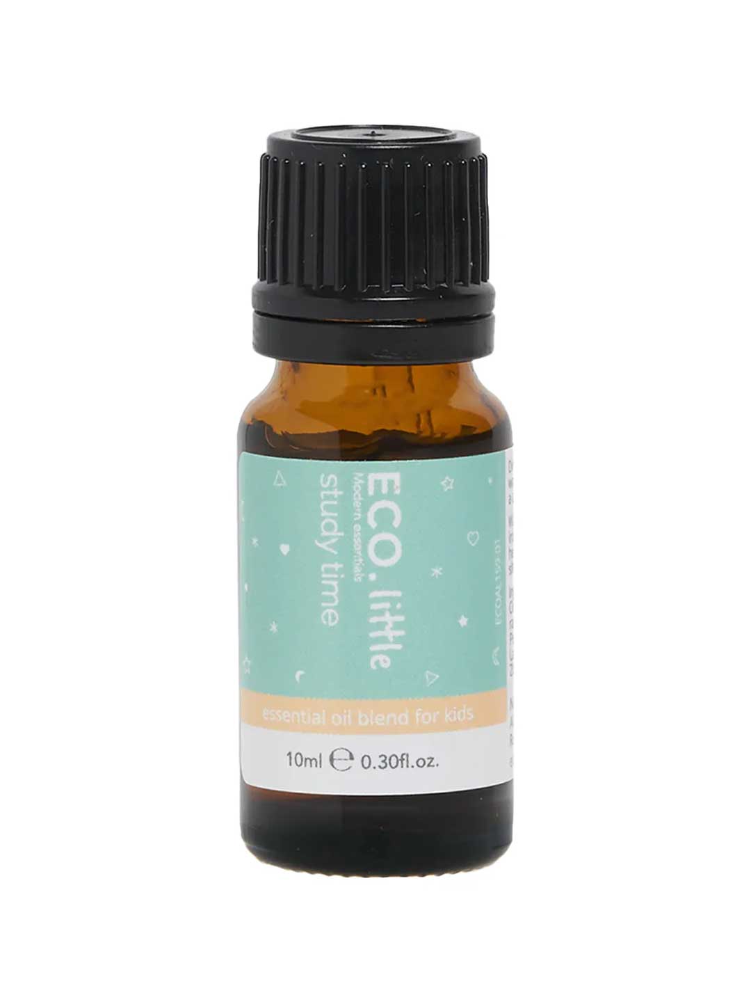 The ECO. Modern Essentials Little Study Time Essential Oil Blend 10ml comes in a small amber glass bottle with a black cap and a light blue and orange label—perfect for supporting kids' concentration during study time.