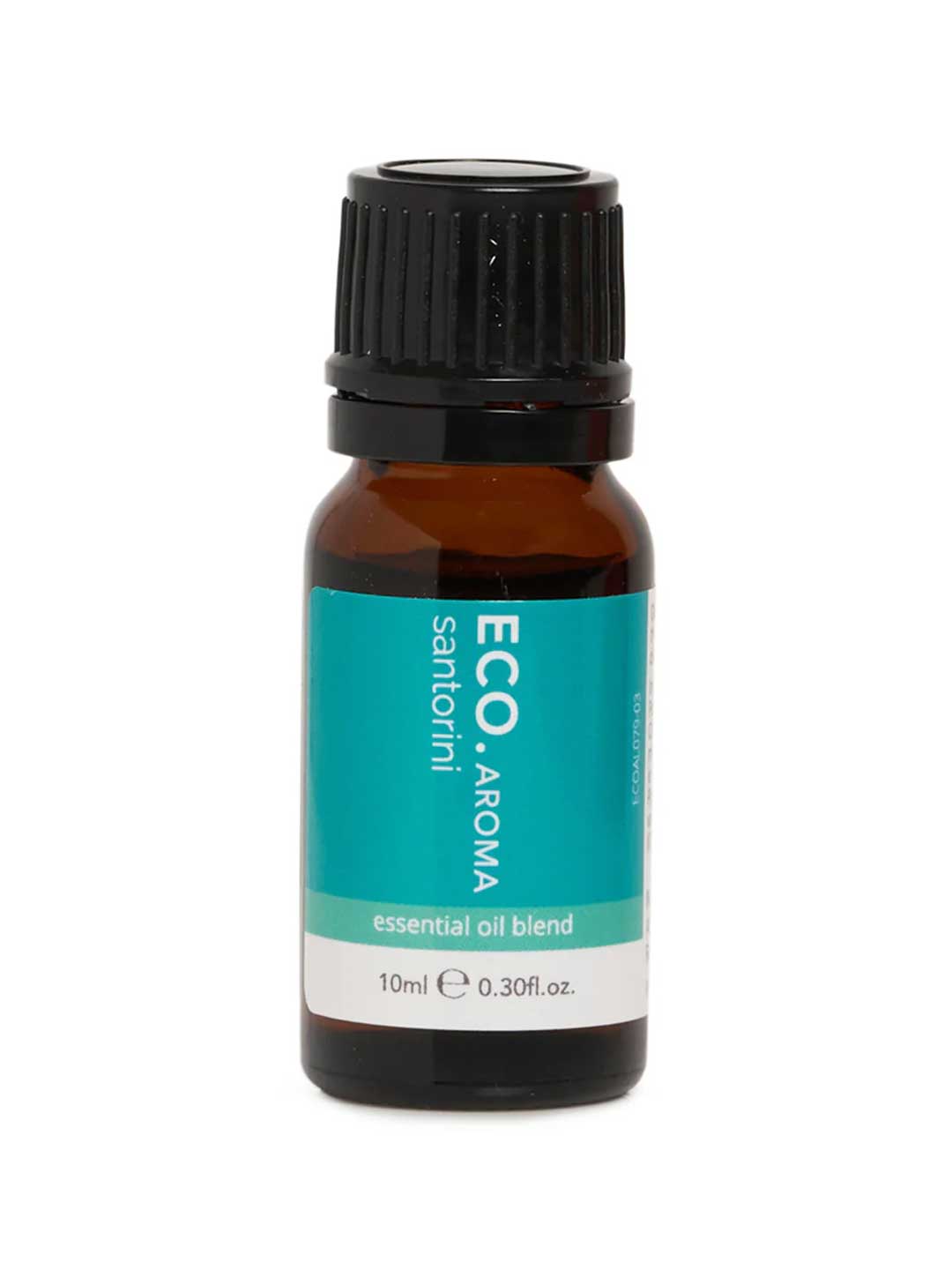 A small brown glass bottle with a black cap labeled "ECO. Modern Essentials Santorini Essential Oil Blend 10ml." The teal label with white and beige accents is ideal for home fragrance using pure essential oils.