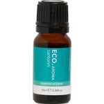 A small brown glass bottle with a black cap labeled "ECO. Modern Essentials Santorini Essential Oil Blend 10ml." The teal label with white and beige accents is ideal for home fragrance using pure essential oils.