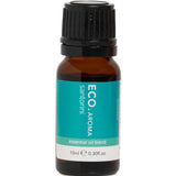 A small brown glass bottle with a black cap labeled "ECO. Modern Essentials Santorini Essential Oil Blend 10ml." The teal label with white and beige accents is ideal for home fragrance using pure essential oils.
