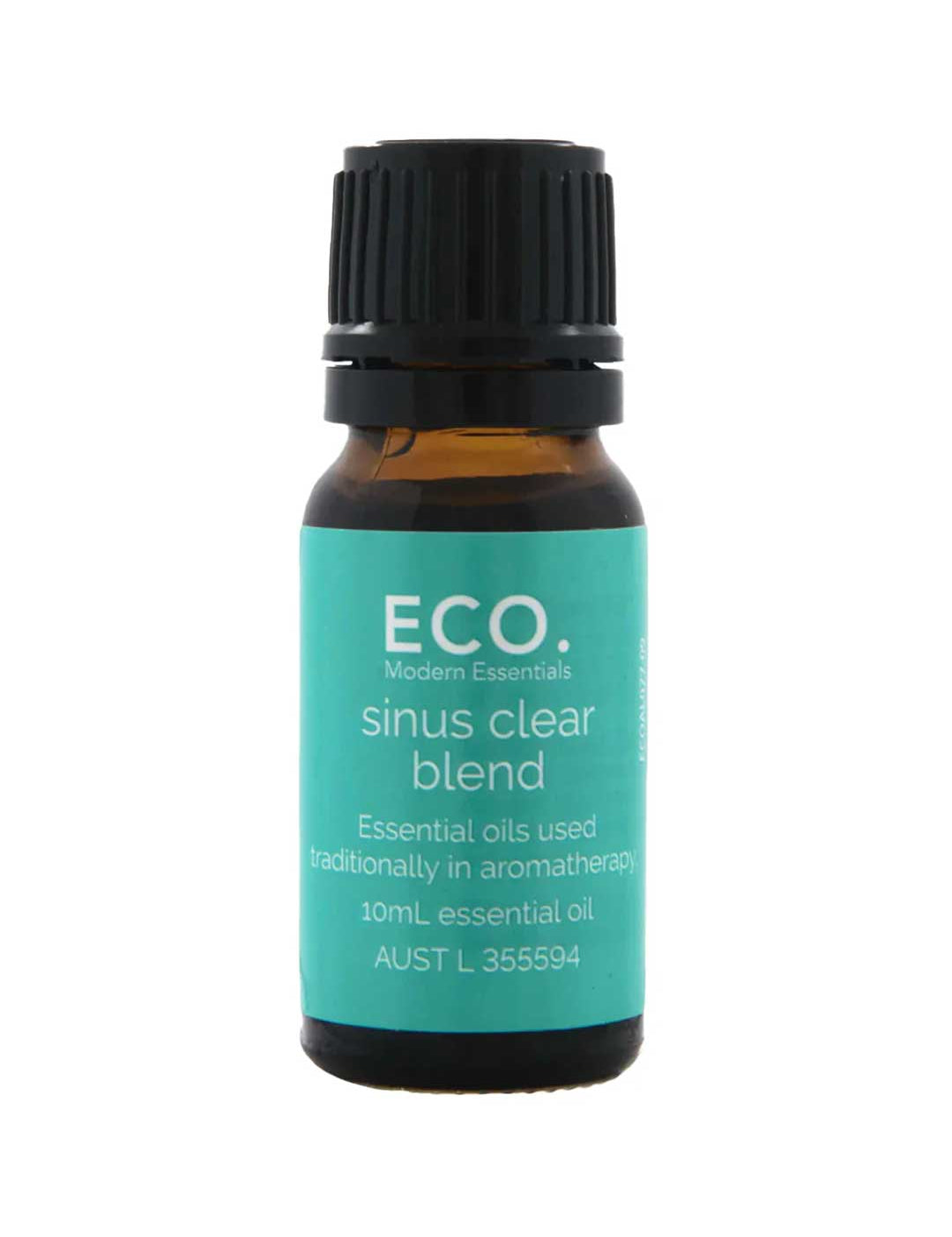 The ECO. Modern Essentials Sinus Clear Essential Oil Blend 10ml comes in a small amber bottle with a turquoise label and black cap, offering aromatherapy oils formulated to help relieve nasal congestion.
