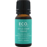 The ECO. Modern Essentials Sinus Clear Essential Oil Blend 10ml comes in a small amber bottle with a turquoise label and black cap, offering aromatherapy oils formulated to help relieve nasal congestion.