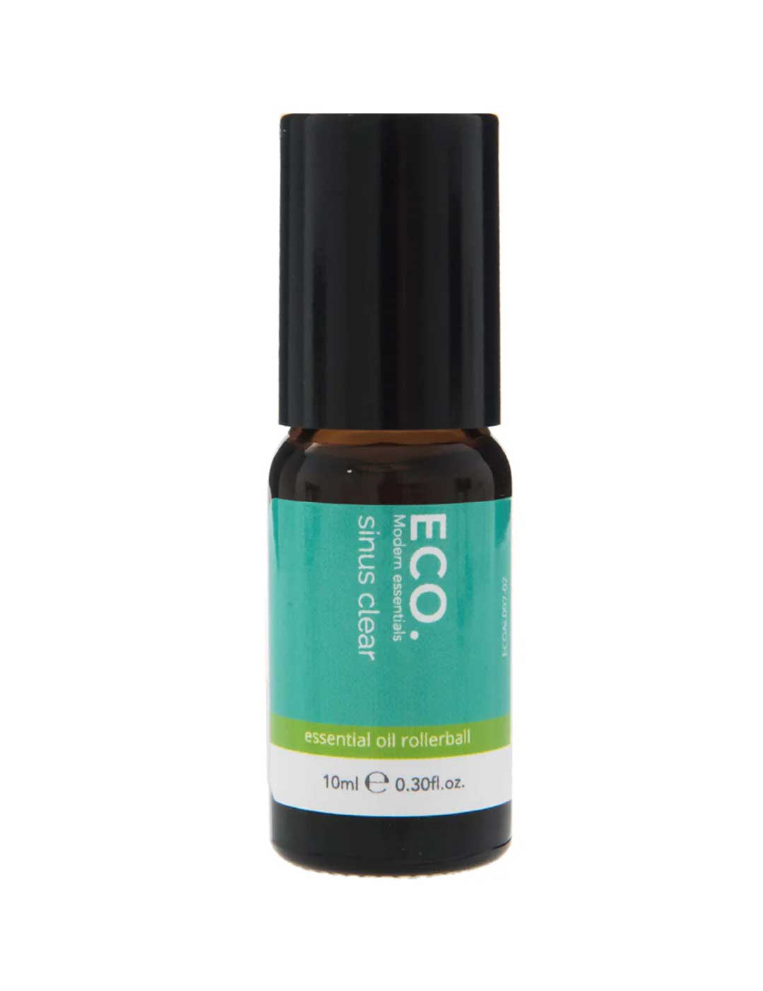 The ECO. Modern Essentials Sinus Clear Essential Oil Rollerball 10ml features a dark glass bottle with a turquoise and white label and black cap, offering peppermint oil—a top choice for congestion relief.