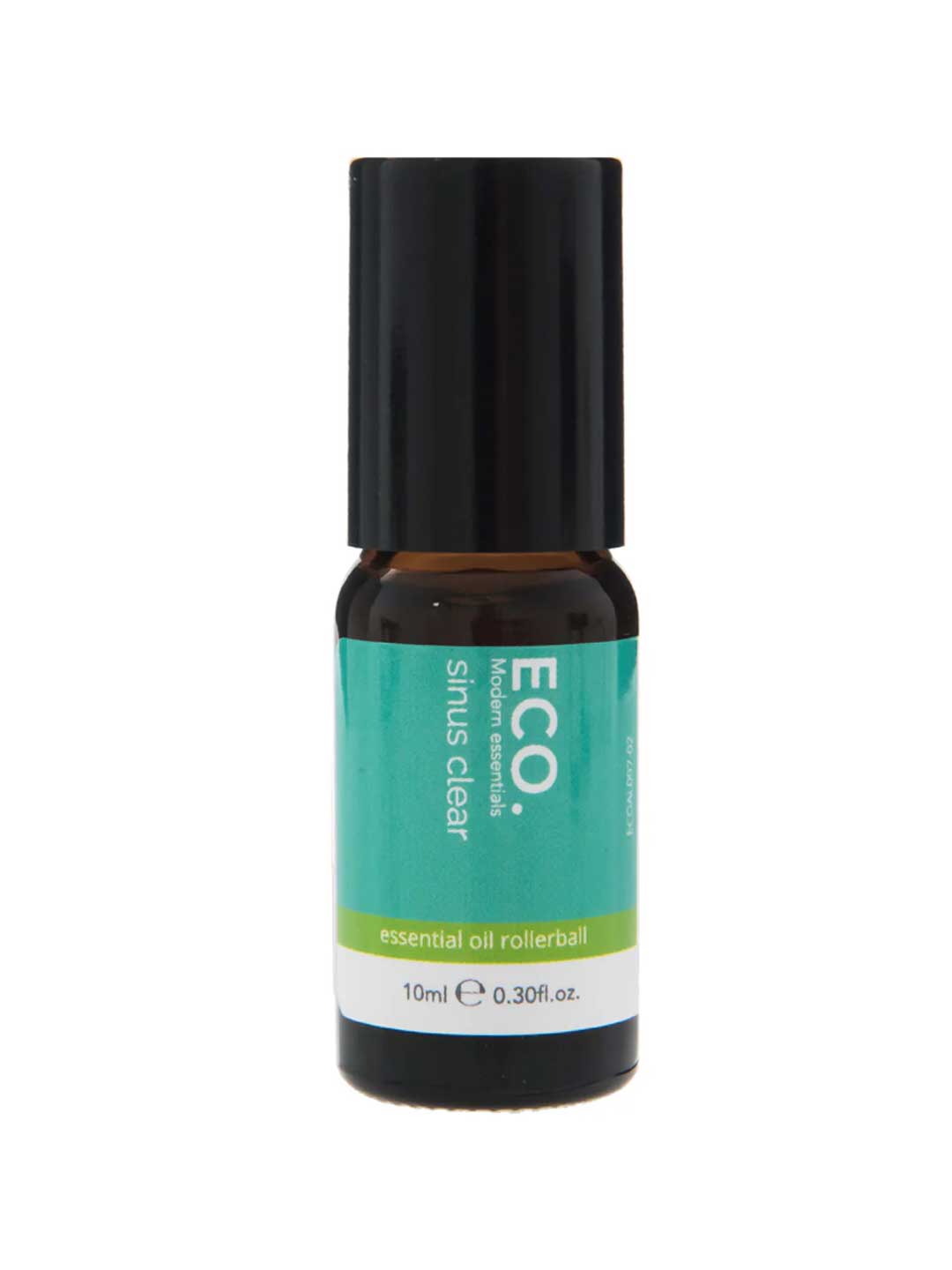 The ECO. Modern Essentials Sinus Clear Essential Oil Rollerball 10ml features a dark glass bottle with a turquoise and white label and black cap, offering peppermint oil—a top choice for congestion relief.
