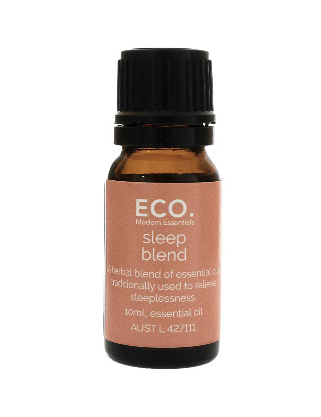 A small amber bottle labeled ECO. Modern Essentials Sleep Essential Oil Blend 10ml, a herbal blend formulated to promote relaxation and relieve sleeplessness.