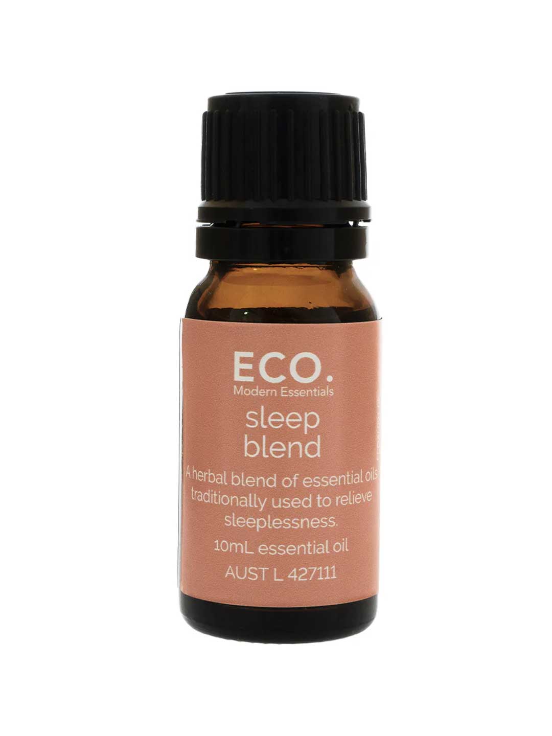 A small amber bottle labeled ECO. Modern Essentials Sleep Essential Oil Blend 10ml, a herbal blend formulated to promote relaxation and relieve sleeplessness.