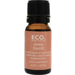A small amber bottle labeled ECO. Modern Essentials Sleep Essential Oil Blend 10ml, a herbal blend formulated to promote relaxation and relieve sleeplessness.