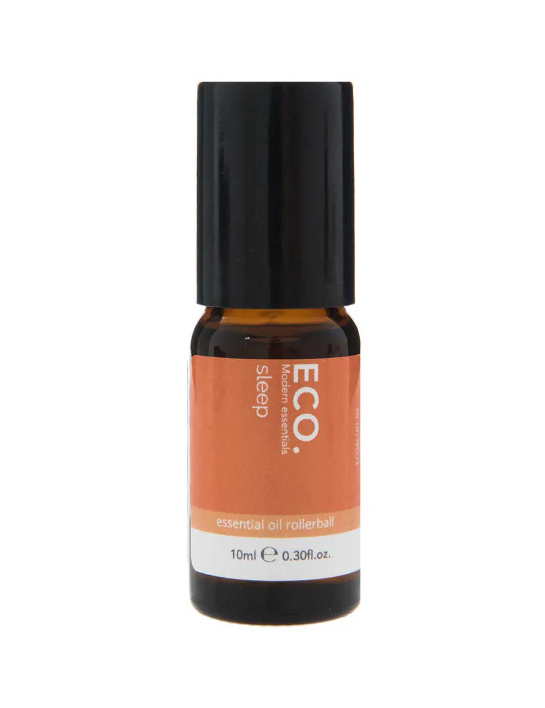 A small amber bottle labeled ECO. Modern Essentials Sleep Support Essential Oil Rollerball 10ml features a black cap and orange-white label. This 10ml blend offers calming essential oils to promote restful nights.