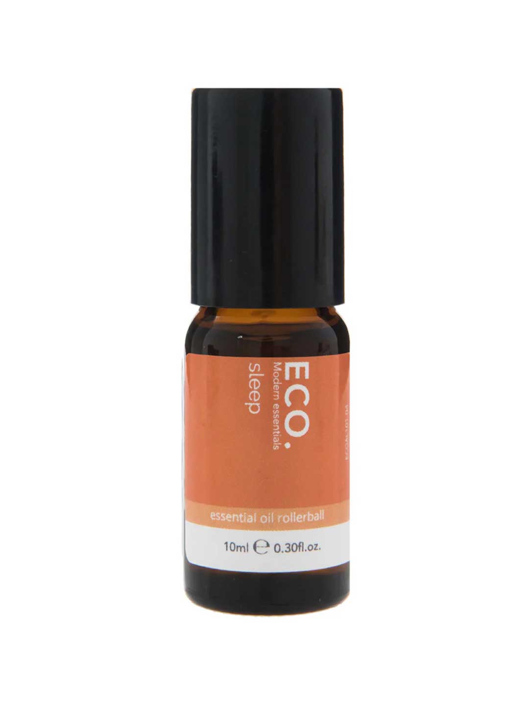 A small amber bottle labeled ECO. Modern Essentials Sleep Support Essential Oil Rollerball 10ml features a black cap and orange-white label. This 10ml blend offers calming essential oils to promote restful nights.