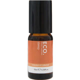A small amber bottle labeled ECO. Modern Essentials Sleep Support Essential Oil Rollerball 10ml features a black cap and orange-white label. This 10ml blend offers calming essential oils to promote restful nights.