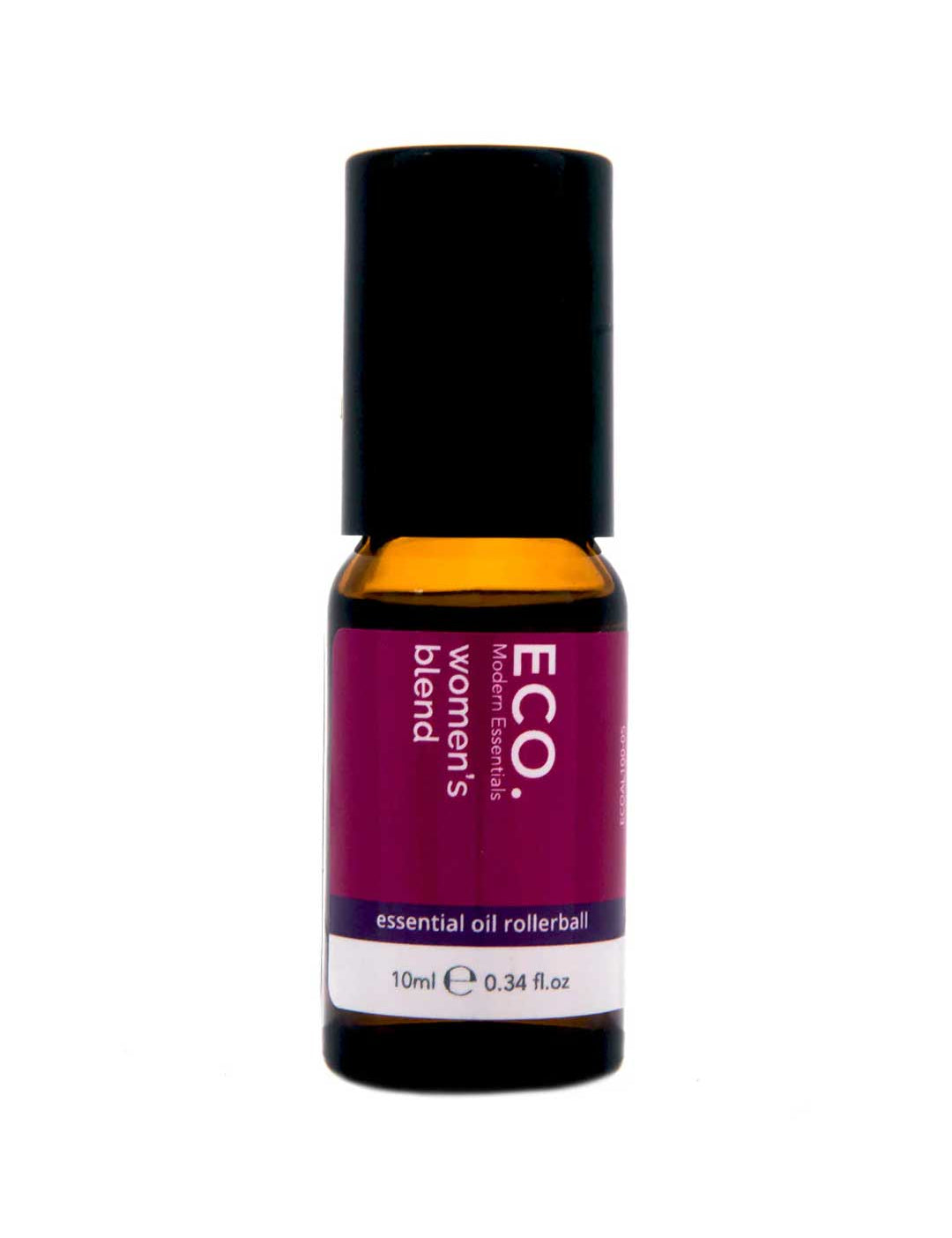 A 10ml ECO. Modern Essentials Women's Blend Essential Oil Rollerball with a black cap and purple label, ideal for daily aromatherapy and wellness.