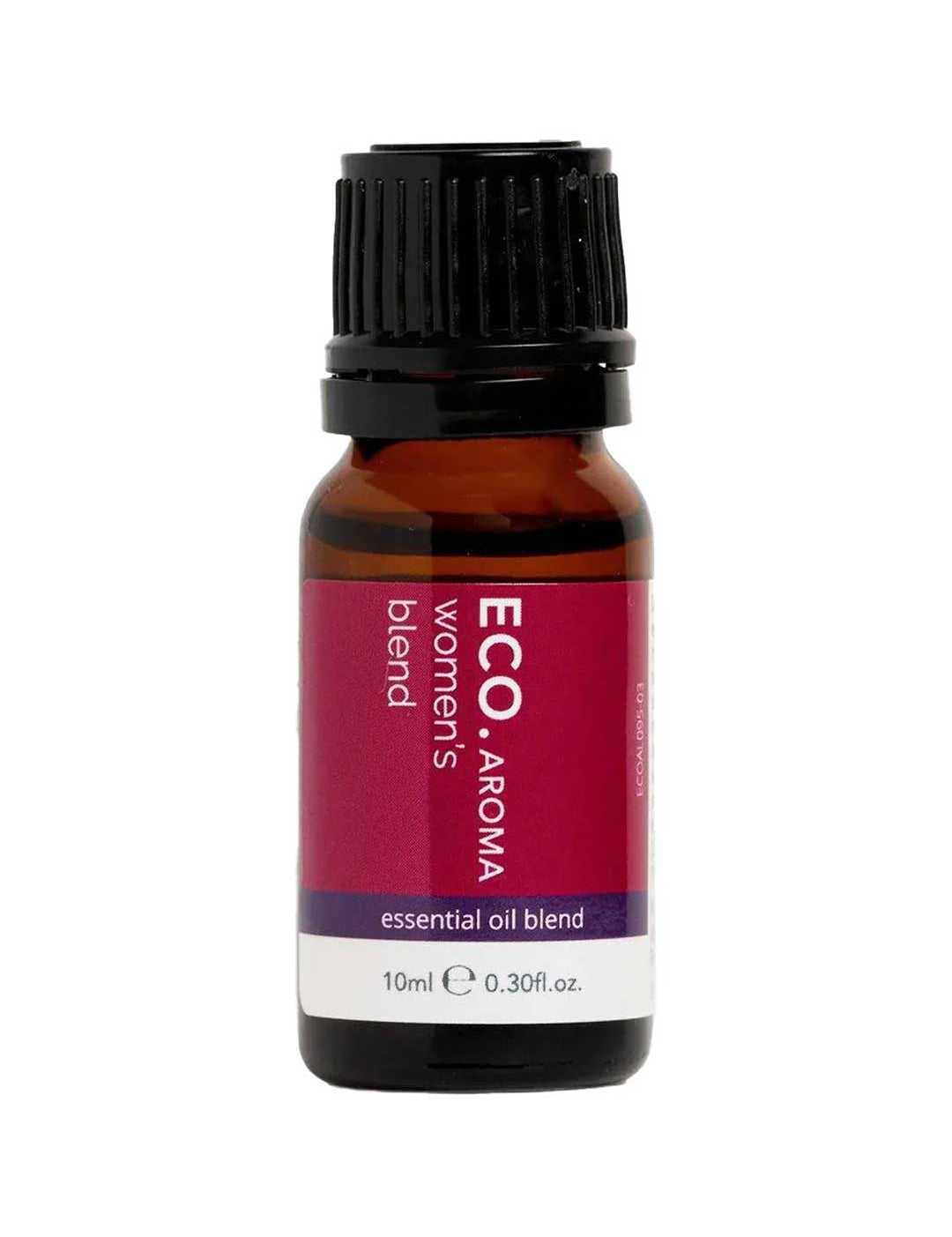 A small amber bottle labeled ECO. Modern Essentials Women's Essential Oil Blend 10ml has a pink and purple label, black screw cap, and contains calming essential oils for soothing menstrual relief.