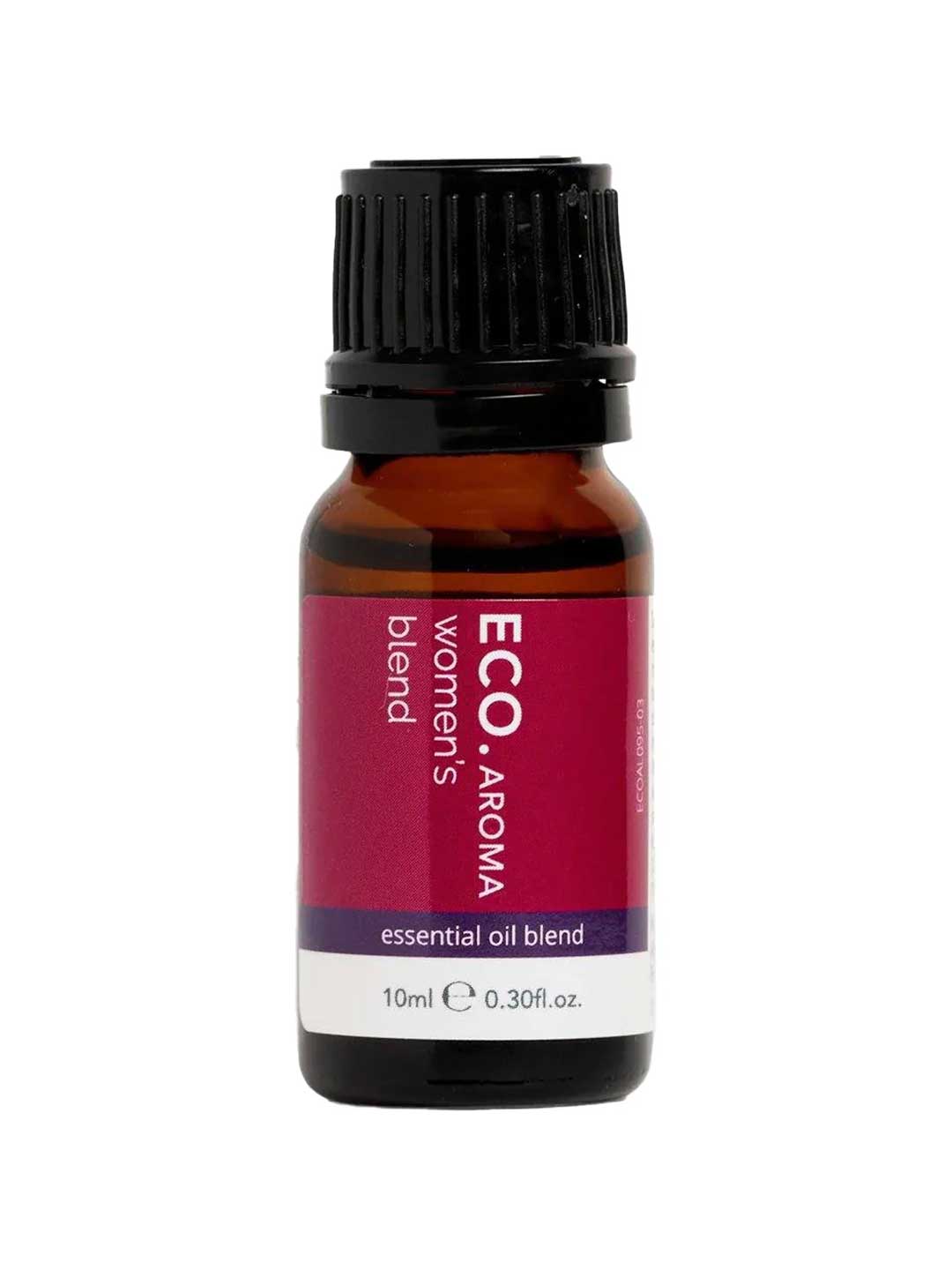 A small amber bottle labeled ECO. Modern Essentials Women's Essential Oil Blend 10ml has a pink and purple label, black screw cap, and contains calming essential oils for soothing menstrual relief.