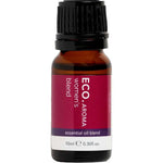 A small amber bottle labeled ECO. Modern Essentials Women's Essential Oil Blend 10ml has a pink and purple label, black screw cap, and contains calming essential oils for soothing menstrual relief.